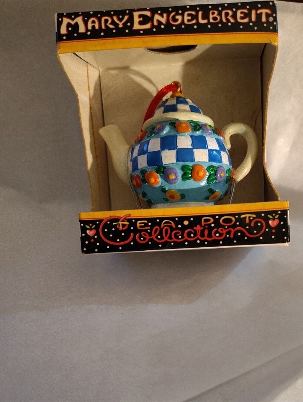 Vintage Mary Engelbreit Blue Checkerboard Tea Pot Ornament